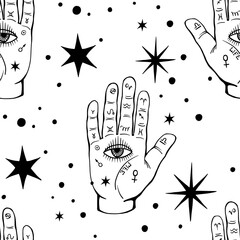Magic seamless pattern. All-seeing eyes on the palms of the hand. Mystical background. Vector Boho illustration for palmist, numerology and astrology. - 618032512