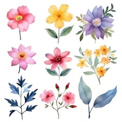 Watercolor flowers. Set Watercolor of multicolored colorful soft flowers. Flowers are isolated on a white background. Flowers pastel colors.