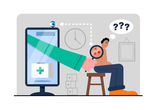 Sick man came to hospital for treatment. Online examination and diagnosis of patient. Modern healthcare services via Internet. Video call meeting with therapist. Vector flat illustration