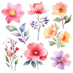 Watercolor flowers. Set Watercolor of multicolored colorful soft flowers. Flowers are isolated on a white background. Flowers pastel colors.