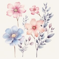 Watercolor flowers. Set Watercolor of multicolored colorful soft flowers. Flowers are isolated on a white background. Flowers pastel colors. generative ai