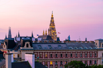 City hall of Vienna at sunset with the cityscape, Vienna, Austria