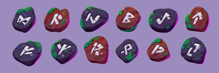 Cartoon set of viking rune letters on ancient stones covered with green moss isolated on background. Vector illustration of old runic alphabet symbols. Witchcraft ritual signs collection. Gui elements
