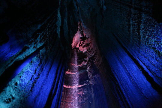 Colored lights on Ruby Falls in Tennessee