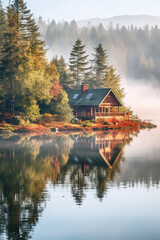 Fototapeta na wymiar Cozy cabin by the sore of lake in winter misty morning. Generative AI, Generative AI