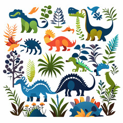 Cute cartoon dinosaurs and plants vector set. Dinosaurs in flat style.
