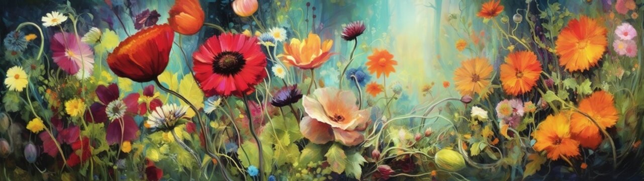 Oil digital paint with colorful flowers. Generative AI illustration, Generative AI