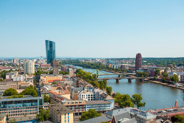 Rhine river with the ECB Bank EZB building, Frankfurt, Germany