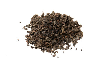 Dried tea leaves isolated on a white background.