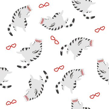 Seamless vector pattern. Cute gray striped cat sitting in sunglasses. Heart-shaped sunglasses . Vector illustration