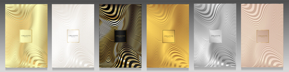 Luxury cover set. Liquid effect design, distorted wavy lines. Elegant collection backgrounds: gold, black, platinum, silver and delicate pink. Fluid and metallic pattern.