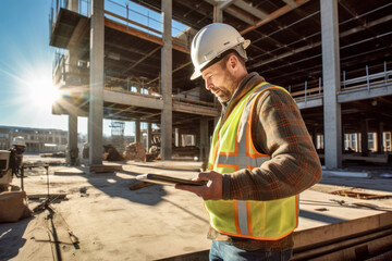 Site supervisor checking tablet terminal at construction site, Generative AI