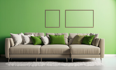 modern living room with sofa, Light cream living room sofa with pillows in front of a green Screen wall, virtual studio, green Screen, virtual TV studio, Ai Generate 