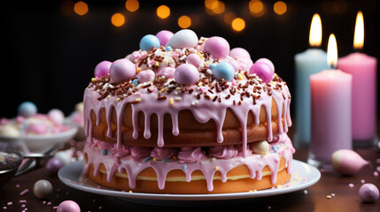 Celebration party birthday cake with lots of icing and decorations,Ai generative