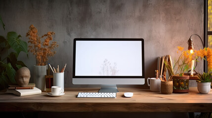 Workspace desktop computer and stuff on wooden table,ai generater