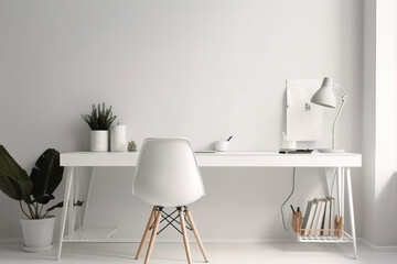 Minimalistic small white home office interior with white wall