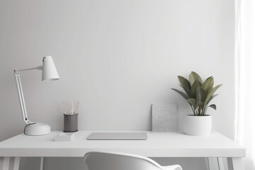Minimalistic home office desk with white wall