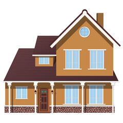 Colored two-story house with porch and canopy isolated on white background. Clipart.