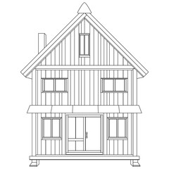 Outline three-story wooden house isolated on white background. Clipart.