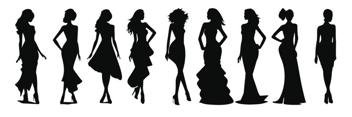 Fototapeta na wymiar Set of woman silhouettes. Vector illustration set of various beautiful model girls in dress. Lady girls