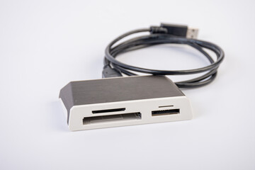 Close Up of external generic USB 3.0 Card Reader isolated on white background.