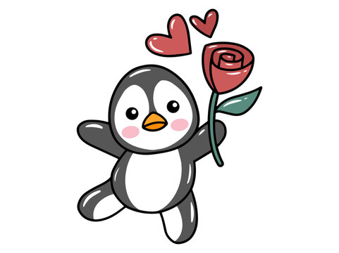 cute penguin holding rose and hearts clip art preview