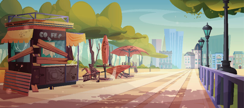 Abandoned outdoor street cafe on city square park vector illustration. Messy outside cafeteria with broken table, chair and torn umbrella on sidewalk exterior. Mess area with dirty store furniture