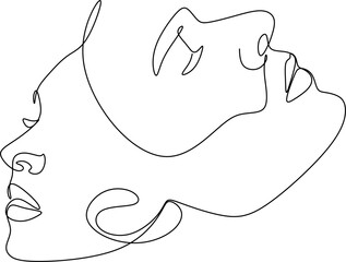 Portrait of couple man and woman in love kissing. Continuous One Line Art Drawing of two faces. Valentines Day card. Vector illustration minimalistic style.