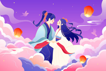 Romantic Tanabata Cowherd and Weaver Girl Magpie Bridge Meeting - obrazy, fototapety, plakaty