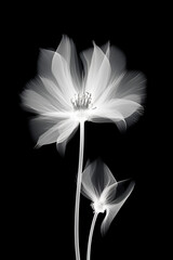 Abstract minimalistic white flower with transparent details in x-ray style on black background.