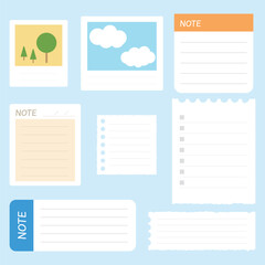 Note can writing record and reminders. Checklist note and photo memo. Note and memo vector illustration. School, office supplies and stationery. - obrazy, fototapety, plakaty