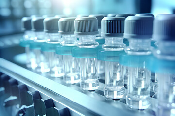 close up Medical vials on production line at pharmaceutical factory. Generative AI