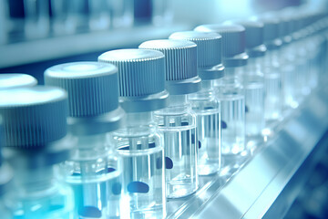 close up Medical vials on production line at pharmaceutical factory. Generative AI