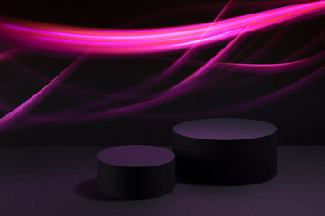 Black abstract stage with two circle podiums mockup, stripes, trails of energy pink flashes, lights for presentation cosmetic products, goods, design, advertising, black friday in fashion party style.