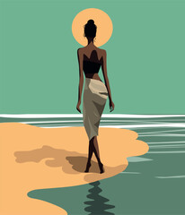 Fototapeta na wymiar Vector illustration of a beautiful girl silhouette on vacation walking along the beach sand along the ocean flat illustration pastel palette
