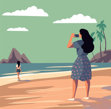 Vector graphics flat girls on vacation on the beach one girl takes a photo on the phone camera walk by the sea beach mountains sand sun sunset palm trees gentle pastel palette two girls