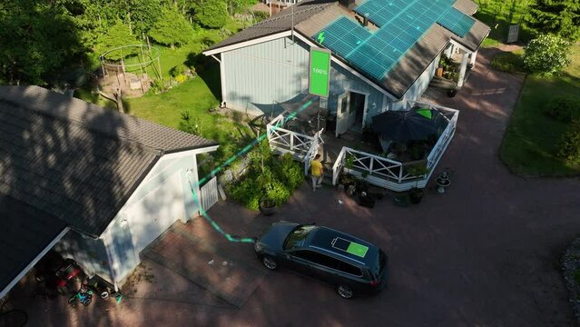 Male plugging a home solar EV charger into an electric vehicle - 3D animation