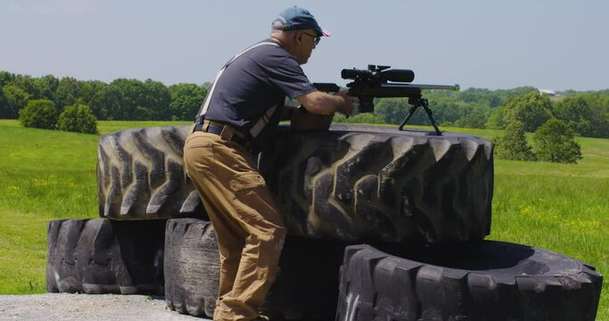 Marksman Positions Rifle At The Firing Point During Precision Rifle Series Match In Leach, Oklahoma. full shot