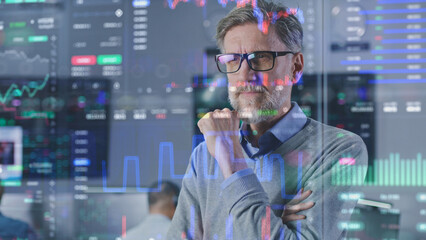 Focused investment specialist analyzes cryptocurrency charts in modern office. 3D render of...