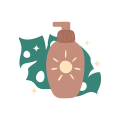 Sunscreen bottle isolated. Natural UV protection cream. Safe tanning concept. Summer skin care cosmetic product and monstera leaf. Flat vector illustration