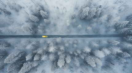 A yellow camper van drive on a road crossing through forest covered with snow during winter, top view, traveling concept. Generative Ai