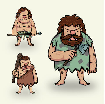 vector primitive people in stone age cartoon icons set with cavemen pelt with weapon