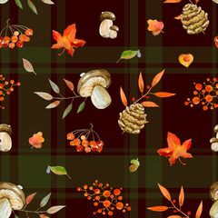 Watercolor autumn seamless pattern with mushrooms and red leaves and berries. Thanksgiving day. Brown background.