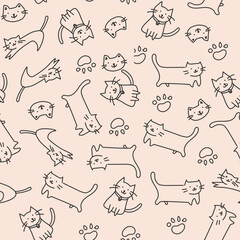 Seamless pattern with cute cats. Vector illustration. Hand drawn style.