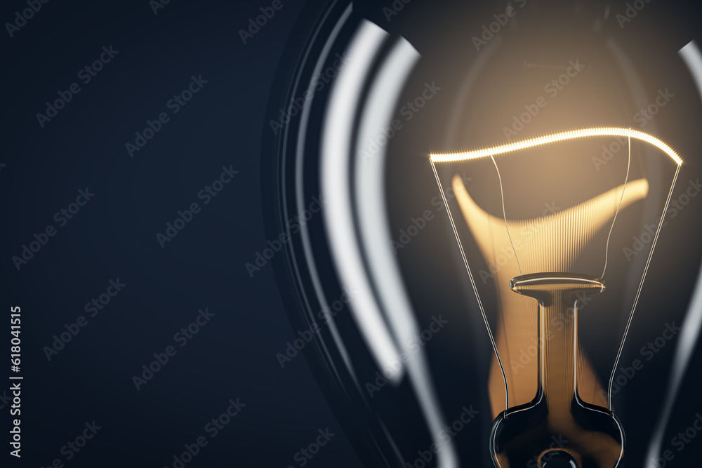 Poster creative glass light bulb with reflections and mock up place on dark backdrop. idea, success and inn
