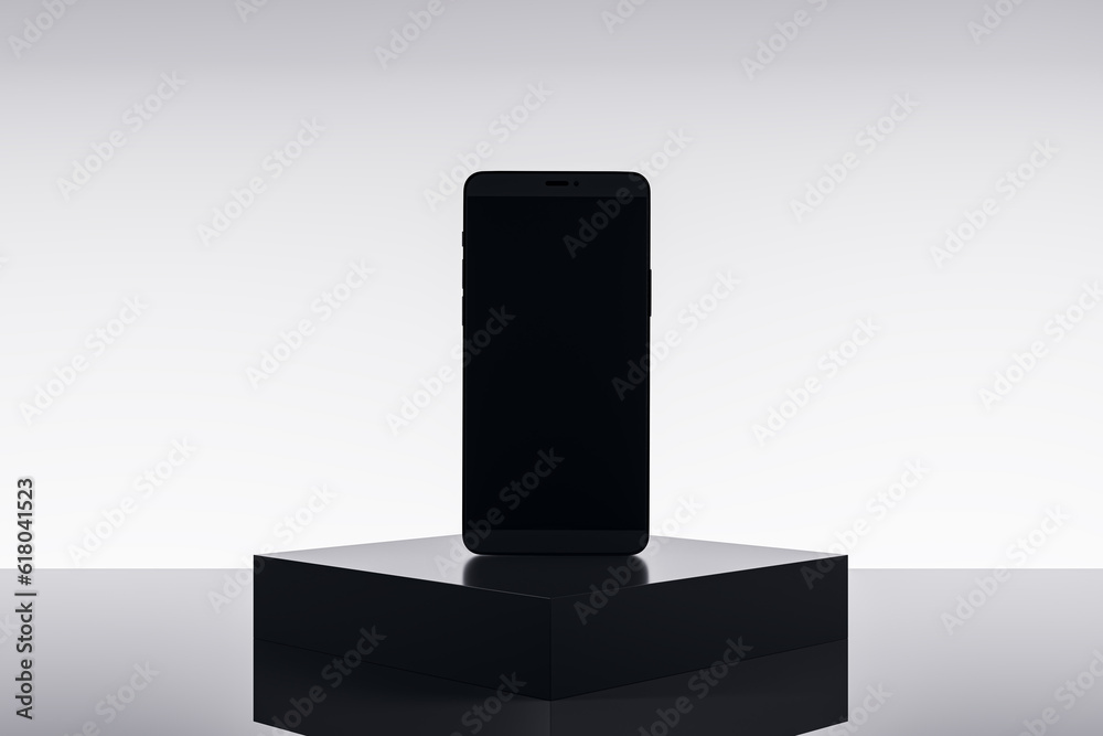 Poster Empty smartphone on pedestal and light background with mock up place. Product placement, technology presentation concept. 3D Rendering.