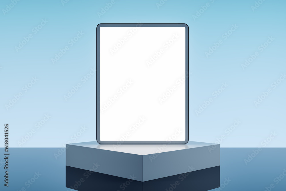 Poster empty white tablet on pedestal and light blue background with mock up place. product placement, tech