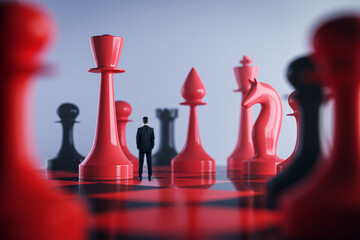 Blurry red chessboard backdrop. Success, teamwork and leadership concept. 3D Rendering.