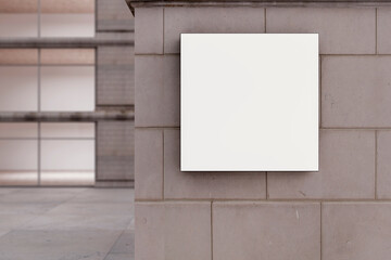 Empty square white stopper on concrete building. Ad and sign concept. Mock up, 3D Rendering.