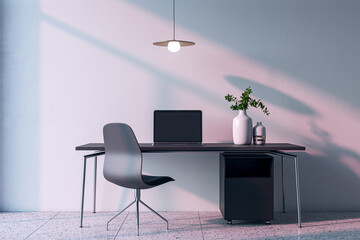 Contemporary home office interior with computer, furniture and other items. Concrete wall with shadows in the background. 3D Rendering.
